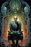 Placeholder: Book cover art for text: "HP LOVECRAFT" text: "WHISPERER IN THE DARKNESS", discarded face skin mask on the seat of a chair, dramatic, double exposure image of a brain in a jar hooked up to electrodes, eldritch, sci-fi, cover art design by Drew Struzan, color ink illustration by Dan Seagrave and Grant Morrison