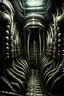 Placeholder: Biomechanoid xenomorphic tunnel. Concept art in the style of enki bilal giger beksinski. Ribbed hydraulic hoses pcb board circuitry