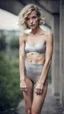 Placeholder: beautiful anorexic woman, total shot, short silver swimsuit, short blond wavy bob hair, blurred concrete background, soft smile