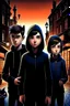 Placeholder: Design a book cover for fantasy criminal story. One teenage girl and two boys are on the town street. Black Cat as a company. The book is for teenagers. Modern style. Bakery in the background