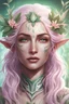 Placeholder: Portrait of a beautiful elvish woman with light pink skin and green hair. She has tropical flowers and vines growing in her hair and she wears a flowing white shirt. She wields a staff that invokes ideas of coastal life and the nature around it.