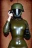 Placeholder: Military girls, hot. Troops. Propaganda. Steam-punk style machines. imaginary Fencing mask covers the whole face. head full of integrated old-fashioned cameras and phone. Army green surfaces body, latex. Perfect body, thick thighs and calves. Asa Akira body. Wide hip, skirt bleats nicely. Partly symmetrical. Straitjacket. Rusty and decayed background. Steam-plunge air-bottles. Euclidean 3D-tiling walls. 5th dimensional surface structures. Oppressive atmosphere