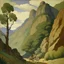 Placeholder: A large grayish mountain near a canyon painted by Paul Ranson