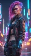 Placeholder: (Photorealistic:1.4) image of a cyber punk girl, (top-quality, 8K, 32K, masterpiece), (dynamic pose), ((facing camera)), (looking at camera), cowboy shot, shapeless hair, colorful hair, colorful cyberpunk clothing, depth of field f/1.8, cyberpunk city background, cinematic lighting.