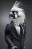 Placeholder: a cockatoo wearing a black suit