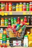 Placeholder: A design filled with various fruit juices, various chips, various types of Fanta, Coca-Cola, Sprite, various famous chocolates, a full shopping cart, packaged cheeses, butter, and pasteurized milk, in cheerful, vibrant, and eye-catching colors.