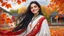 Placeholder: Hyper Realistic Close-Up-View of Extremely-Beautiful Young Happy Pashto Girl With Long-Black-Hair-Beautiful-Eyes-&-white-frock-with-red-shawl-with-white-embroidery Whirling-&-smiling in Autumn-Weather with cloudy sky in-an-Autumn-garden-with-orange-leaves-whirling-&-grass-arches-&-cold-breeze showing dramatic & cinematic ambiance.