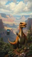 Placeholder: A dinosaur holding an iPhone at the Grand Canyon mountains , in a forgotten battlefield over run by vegetation, cutesy tiktok detailed oil painting, grainy, old style