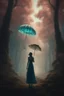 Placeholder: tall slim woman in a dress, in a forest, holding an umbrella made from a jellyfish, detailed matte painting, deep colour, fantastical, intricate detail, complementary colours, fantasy concept art, 8k resolution, Unreal Engine 5