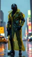 Placeholder: retro futurist, nypd full body color 1920 black policeman with external exoskeleton wtih heavy yellow rain transparent coat