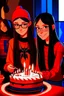 Placeholder: spiderman into the spider verse tarzı 17 yazan mum ile doğum günü kutlayan 2 kız birinin saçı kısa karakterlerin görüneceği kadar aydınlık soldaki kızın saçı daha kısa yüz ifadeleri değişsin çizgi roman tarzı gölgelendirme yüz ifadeleri değişsin sadece 2 kişi pasta ortalansın yüz ifadeleri değişsin
