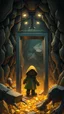 Placeholder: An elevator inside a cave of mine for gold a hooded creatures working as miners