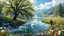 Placeholder: a beautiful river in country side with water falls and big tree,wild flowers and, swans pertty coloful fishes in river ,a pretty Deer with horns in inside plants,butterflies around flowers,heaven escape,some teen agers are dancing a fidller is playing violin