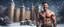 Placeholder: Hyper realistic Extremely Handsome shirtless muscular king smiling & Standing outside huge castle with a lion at heavy snowfall night