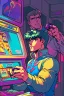 Placeholder: a millineal teenage boy is playing video arcade games, bright colored clothes from the 90s, hairstyles of that time