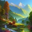 Placeholder: Serene landscape by day with sunlight beams with river running trough mountains, a forest with a lot of vibrant colors, in the style of bob ross, thomas kadinskade and albert bierstadt. Peacefull and calming, intricate details, vibrant.