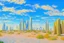 Placeholder: Sunny spring day, Futuristic buildings near the desert, impressionism painting