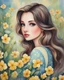 Placeholder: Painting of a beautiful girl, vintage, close-up face, watercolor, watercolor painting, by Jeremiah Ketner, flowers, 20 years old, 1955, pretty face