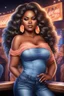 Placeholder: create an airbrush illustration of a curvy black female wearing Tight blue jeans and a peach off the shoulder blouse. Prominent make up with long lashes and hazel eyes. She is wearing brown feather earrings. Highly detailed long black shiny wavy hair that's flowing to the side. Background of a night club.