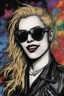 Placeholder: head and shoulders image, Zebulan Lanuzeb - Kiss Me Deadly - Comic Book Animation - Ray-Ban sunglasses - Motley Crue - gothic pale-skinned vampire, fire and multicolored electrified cosmic clouds, Professional quality Photograph by Hoy Tung lu- Multicolored lightning -a smiling, long, blonde hair, blue eyes, goth makeup, black leather biker's jacket, black leather pants, combat boots, black fingerless gloves, sitting on in the forest next to a fire,