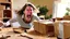 Placeholder: woman starts frantically tearing through a very large box the kitchen table was delivered in