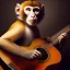 Placeholder: Audobon painting of a monkey playing a guitar, 6 strings, fingers