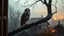 Placeholder: a barn owl sitting on a tree branch and looks into the poor village room through the window, mystic fog, autumn, rain, little light, sunset, high detailed, sharp focuses, photorealistic, perspective, cinematic, dramatic vibe