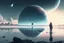 Placeholder: person seeing a grey exoplanet in the horizon, lagoon, sci-fi, very epic