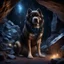 Placeholder: Hyper Realistic big muscular dog guarding black crystals with fireflies in a cave at night