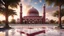 Placeholder: Hyper Realistic Beautiful-Decorated-Huge-Maroon-Brick-Mosque with white-marble-flooring & Beautiful-Lighting-Decorations at early-cloudy-sunrise with stars on sky & beautiful trees