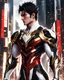 Placeholder: Striking hyper-realistic anime illustration of a powerful male protagonist, dressed in a white, red, black and gold outfit. Featuring obsidian patterns with gold details and the edges emit fascinating energy. Muscular physique accentuated with sleek lines and details. Futuristic cityscape background. Masterpiece of art that combines anime and science fiction aesthetics. Poster-worthy cinematic illustration