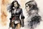 Placeholder: Create an ink wash and watercolor of an epic fantasy Lankhmar female thief character slim in stature, with shoulder length hair, finely lined and detailed facial features, in an fur collared leather doublet and breeches , a short oriental cloth belt at the waist, stealthy soft leather slippers, , in the comic book style of Bill Sienkiewicz, Howard Chaykin, Mike Mignola, Philippe Druillet, and Jean Giraud Moebius, precisely drawn, colored and inked,