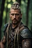 Placeholder: photorealistic hyperdetailed portait of 30-year-old german male, as mercenary with long blonde and undercut hair with braids, tribal tattoos and goatee beard wearing modern mercenary uniform dark fantasy forest backdrop