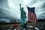 Placeholder: the statue of liberty, dress dirty and torn, her face solemn and terse, trash littered at her feet, she holds a crumpled american flag, she walks away with back turned under a dark and dreary sky, wide angle