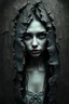 Placeholder: surreal ancient tome crumbling paper women visage emerging torment intricate bark-like textures distressed edges fragile parchment dark hues slime torn fractures ghostly paper effect abyssal backdrop eerie ethereal glow slime enigmatic dreamlike atmosphere hauntingly serene composition