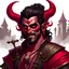 Placeholder: Dnd Male Tiefling Bard with deep Red skin all over, black hair in a ponytail, long horns on forehead