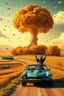 Placeholder: a nuclear explosion mushroom cloud that looks like a autumn tree full of leaves, leaves falling everywhere. bottom 2/3 is a curved dirt road through a wheat field, a wind is blowing away from the tree. a commercial building is in the field on the left, large at bottom on the road is a 1971 Camaro convertible with 2 oversized animated racoons inside, the racoon on viewers left has hands up in celebration, poster