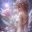 Placeholder: one big crystal subtle flower in a galactic ambiance with a beautiful fairy, transparent petals, delicate colors, in the foreground, full of details, smooth，soft light atmosphere, concept art, smooth, extremely sharp detail,