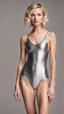 Placeholder: anorexic beautiful girl, age 21, total shot, short silver triathlon swimsuit, blonde wavy bob haircut, grey background