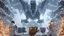 Placeholder: a close-up photo behind space station mechanics, they are looking at gigantic freezing icy mechanical falcon, 3 mechanics busy configuring the gigantic falcon robot, rtx gaming computer, Gigabyte Aorus Brand, christmas tree, Christmas gifts, Christmas lights, 3d render, 4k high definition, small details upgraded, realistic, sci fi, white colors