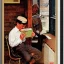 Placeholder: man behind microphone reading book by Norman Rockwell