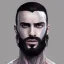 Placeholder: painted portrait of rugged man, scan over eye, dark hair, shaved sides, masculine, mid 30s, handsome, upper body, shaved, grey and silver, muscular, hairy torso, fantasy, intricate, muscular, elegant, highly detailed, digital painting, artstation, concept art, smooth, sharp focus, illustration, art by gaston bussiere and alphonse mucha