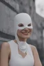 Placeholder: A white mask on a face, smiling, cineter, early, 8k