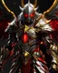 Placeholder: silver and gold armor with glowing red eyes, and a ghostly red flowing cape, crimson trim flows throughout the armor, the helmet is fully covering the face, black and red spikes erupt from the shoulder pads, crimson and gold angel wings are erupting from the back, crimson hair coming out the helmet, spikes erupting from the shoulder pads and gauntlets