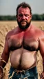 Placeholder: close up photography of a relaxing tired burly beefy neapolitan farmer 50 years old under the sun sitting down in a wheat field, dirty, ugly, manly chest, sweat, with the shirt open, boxer, bulge, view from top, 35mm lens , misery and poverty, countryside,