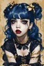 Placeholder: Poster in two gradually, a one side malevolent goth vampire girl face and other side the Singer Melanie Martinez face, full body, sit pose, painting by Yoji Shinkawa, darkblue and gold tones,