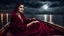 Placeholder: Hyper Realistic Photographic-Close-View Young Beautiful Happy Pashto Woman with beautiful eyes wearing Velvet-Maroon-Dress-with-velvet-black-shawl Happily-Sitting in a boat-carrying-a-Lalten between-the-sea with cloudy-moonlight at beautiful-dark-night showing dramatic & cinematic ambiance.