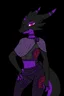 Placeholder: a black and purple, female argonian artificer who uses Tesla coils as weapons, skinny, lightly armored