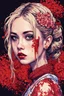 Placeholder: Singer Danish MØ face, blood, guts, wildflower, cosmic, futuristic, iridescent, intricate, background liquid, behind made 8bits and Pixel Art, watercolor illustration by <Katsushika Hokusai>, darkred tones,