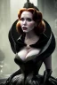 Placeholder: christina hendricks as evil queen in black leather gown carried on a litter, angry, stern look, volumetric lighting, particales,highly detailed,cinematic, deep colours,8